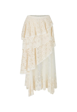 An off-the-shoulder, tiered lace skirt in a warm cream or ivory color, displayed against a solid white background.
