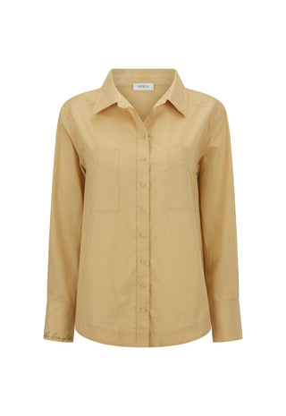 A light tan long-sleeve button-up shirt with a pointed collar and chest pocket, shown on a plain white background.